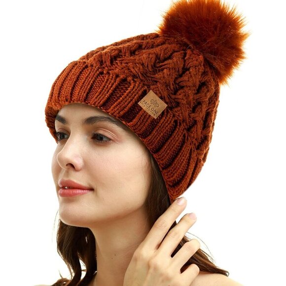 Women’s Brown Winter Ribbed Beanie Hat Chunky Cable Knit Pompom Warm main image 4